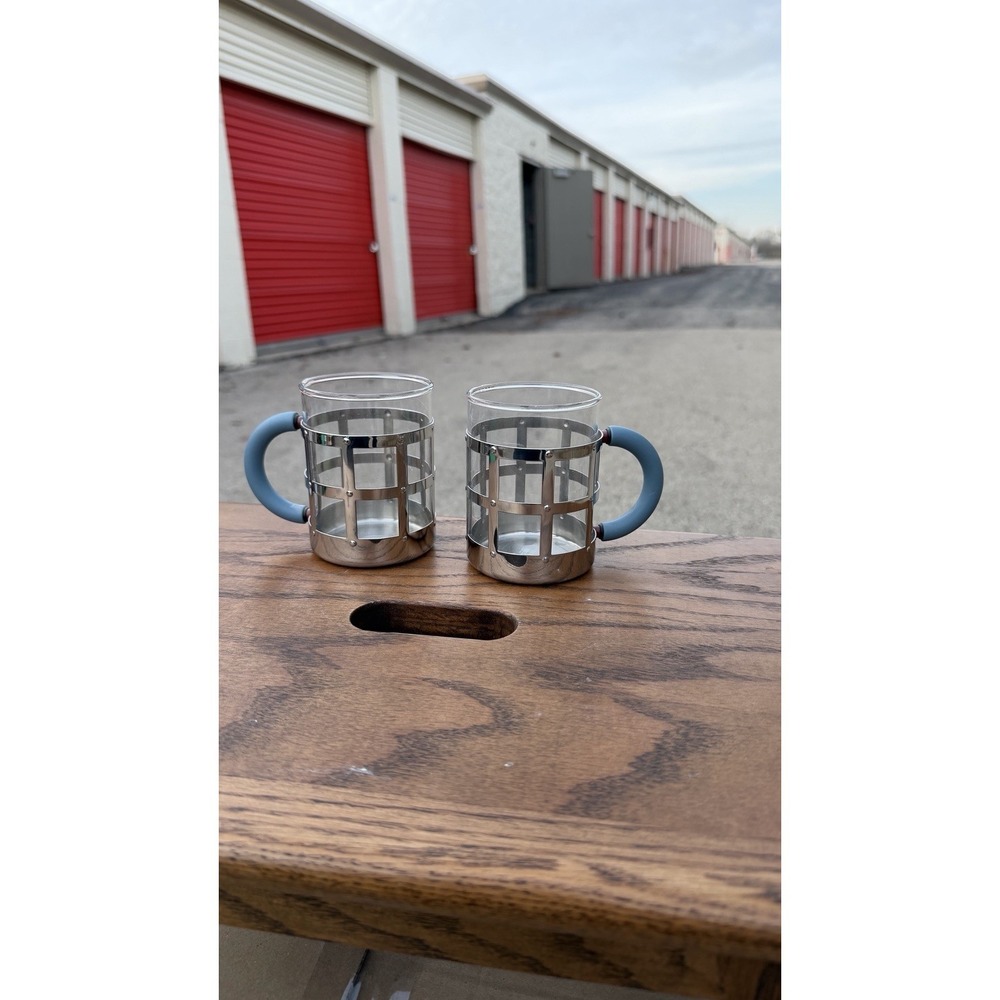Alessi 18/10 Stainless Glass Mug Cup Set of 2 Blue Handles Italy